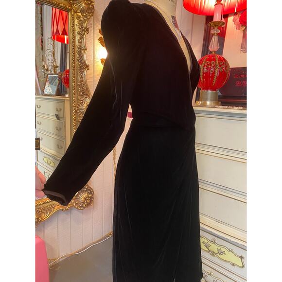 Vintage 1980s black velvet Victor Costa cocktail dress wrap draped rhinestone m - Picture 7 of 11